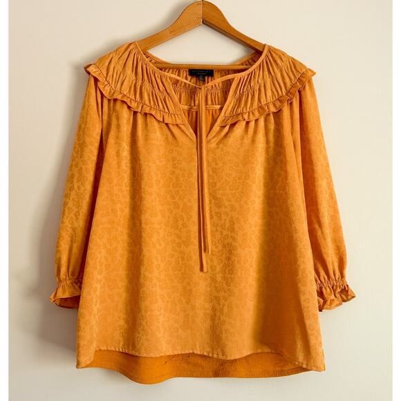 Anthropologie Current Air Ruffle Collar Southwark Shirred Top Gold Boho Career - Picture 1 of 9
